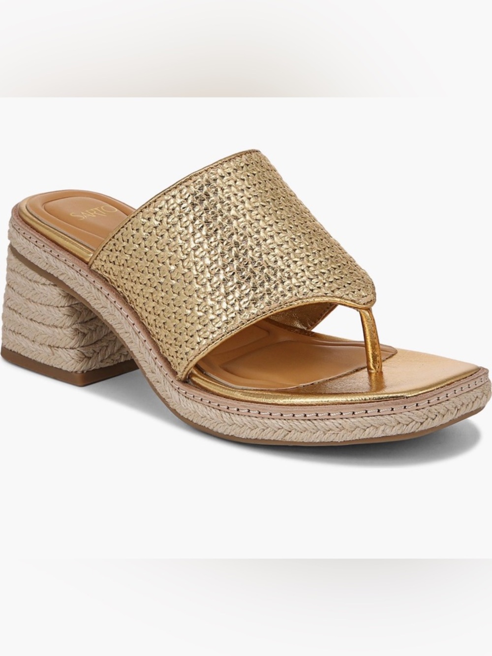 Franco Sarto Metallic Gold Woven Thong Block Heel Mule